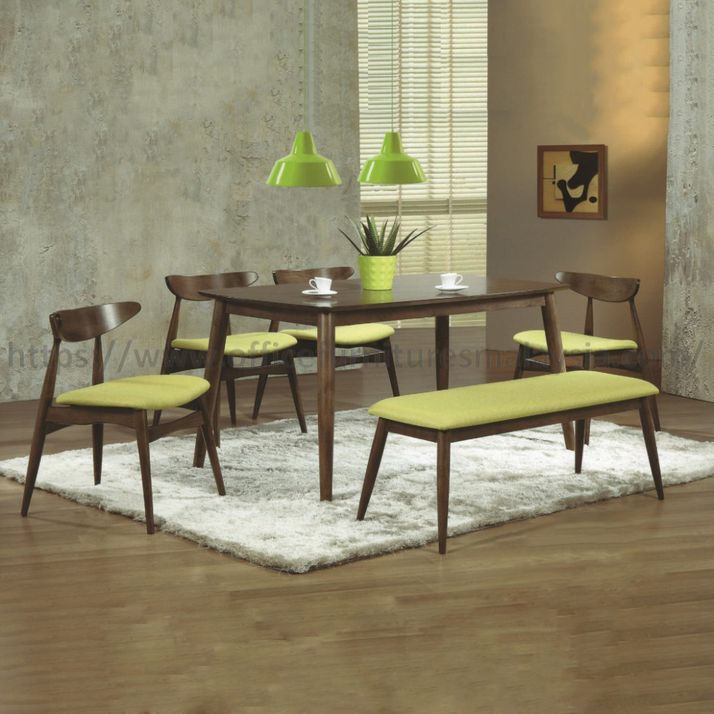 4.9ft Bench 6 Seater Fabric Rectangular Wood Dining Table Set | Malaysia